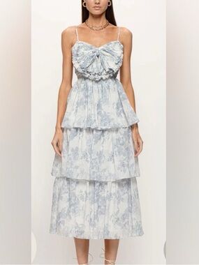 Sofia the Label Blue and White Tiered Ruffle Bow Maxi Dress